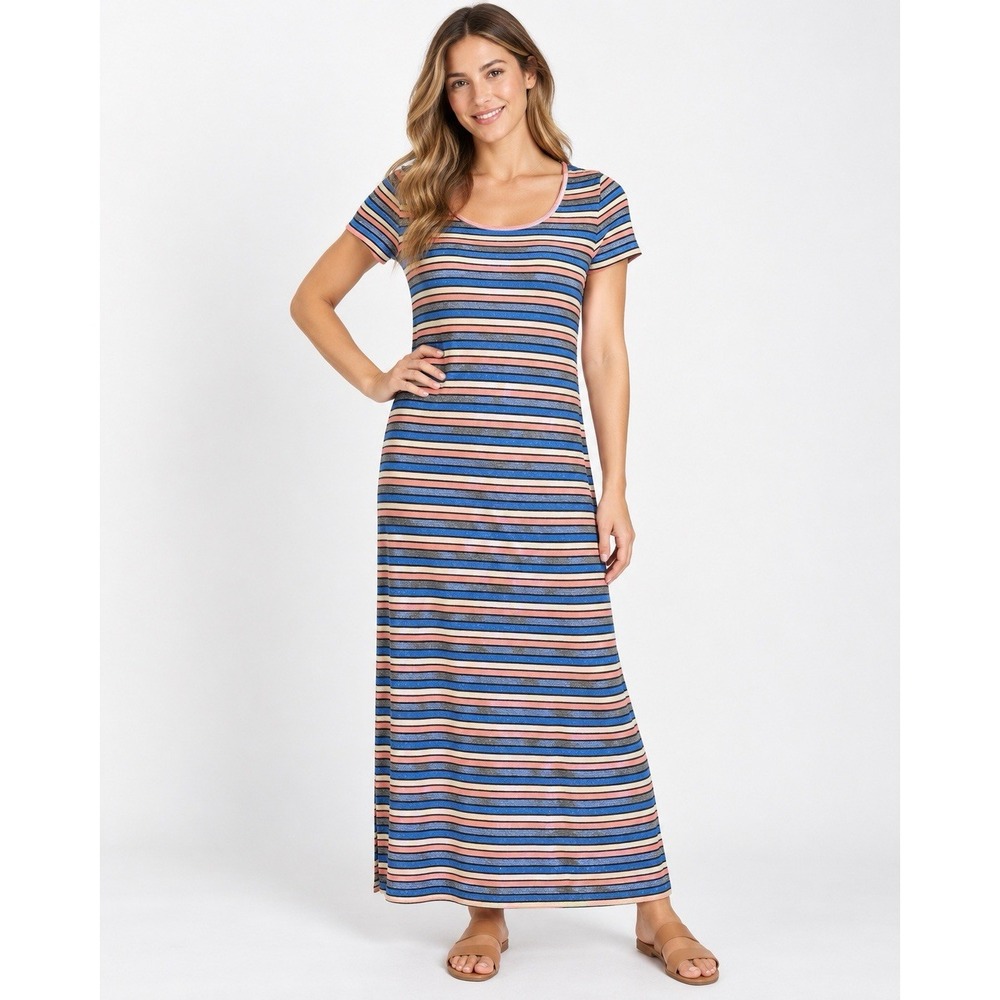 LOFT Women Striped Metallic Shimmer Short Sleeve Maxi Dress Blue Pink Medium